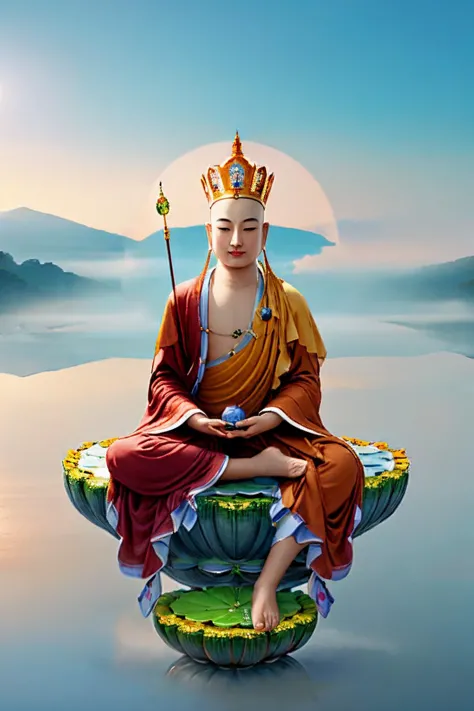 buddha sitting on lotus flower with a crown on top of it