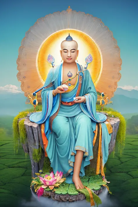 a statue of a buddha sitting on a rock in a field