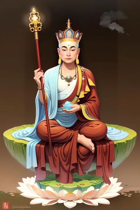 a cartoon of a man sitting on a lotus with a staff