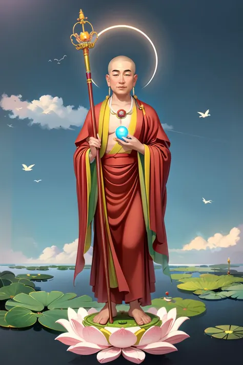 a painting of a man in a red robe holding a staff and standing on a lotus