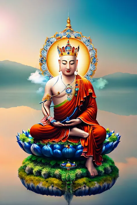 buddha sitting on a lotus flower with a sky background