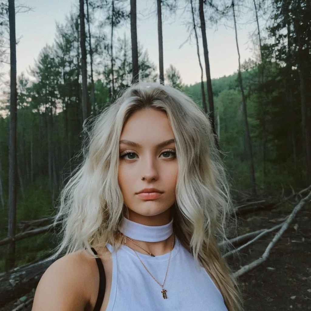 Looking straight at the camera, Film grain, skin texture, Instagram selfie of a woman with long loose blonde hair wearing a choker,evening forrest in the background,f/1.8,   