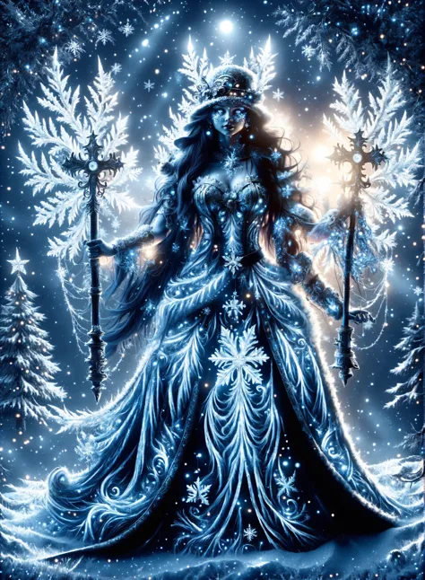 a woman in a blue dress holding a staff in the snow