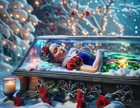 beautiful snow white as epoch elf lies on the back inside a glass coffin, sleeping, (elf ears:1.1), red roses on floor, winter l...