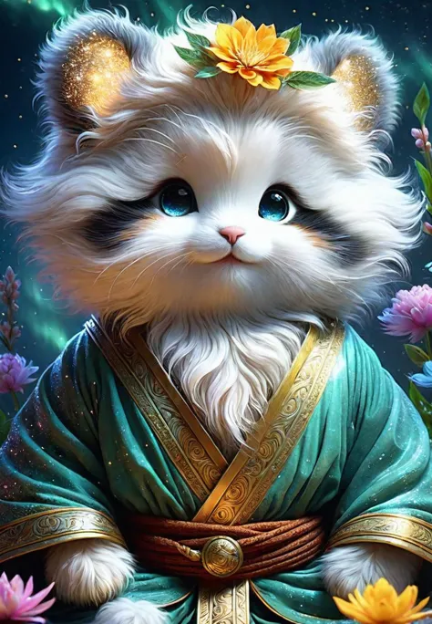 a close up of a cat wearing a green robe and a flower