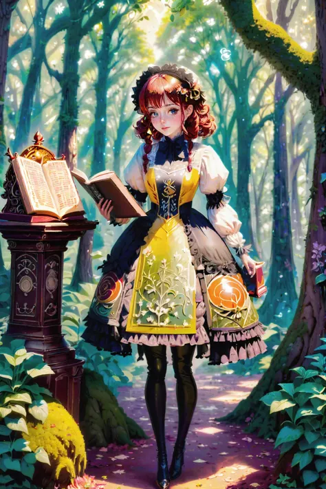 a woman in a dress is standing in the woods reading a book