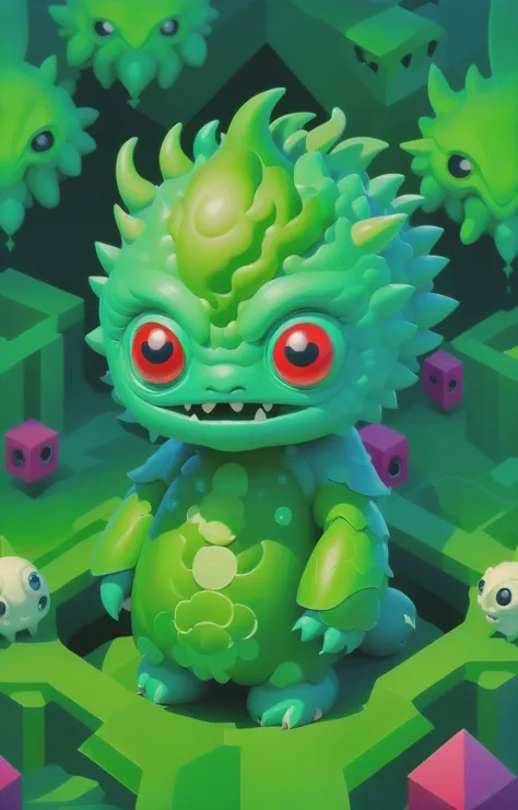 a green monster with red eyes standing in a maze