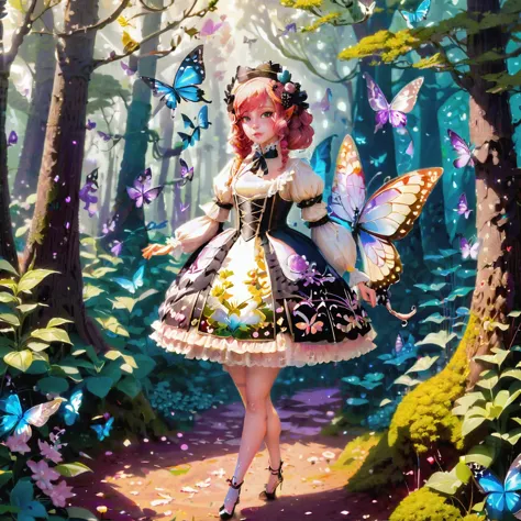 a close up of a woman in a dress and butterfly wings