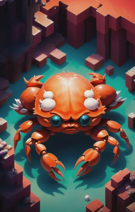 cute 3d isometric, soft red-hued colors, a tiny and cute guaidan monster <lora:guaidan:1> (a crab like creature with many legs:1.2), (abstract geometric gradients:1.3), geometric shapes, simple background