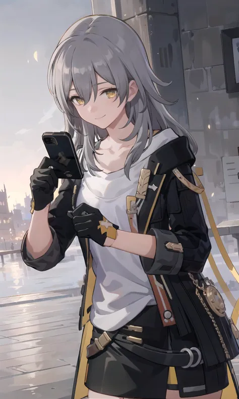 anime girl with gray hair and black gloves holding a cell phone