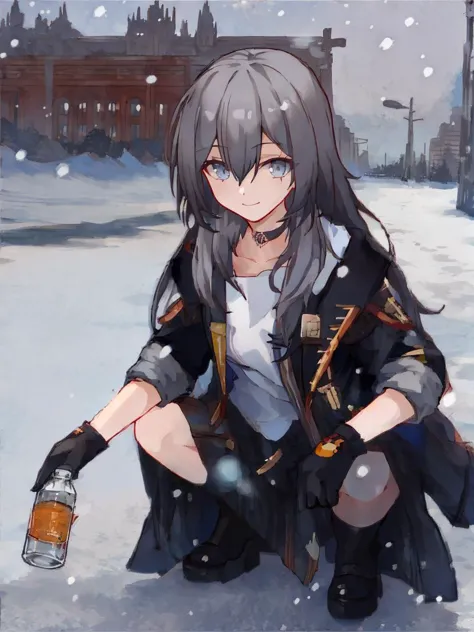 anime girl sitting in the snow with a bottle of beer