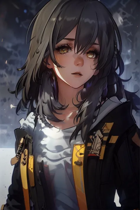 a woman with long hair and a hoodie standing in the snow