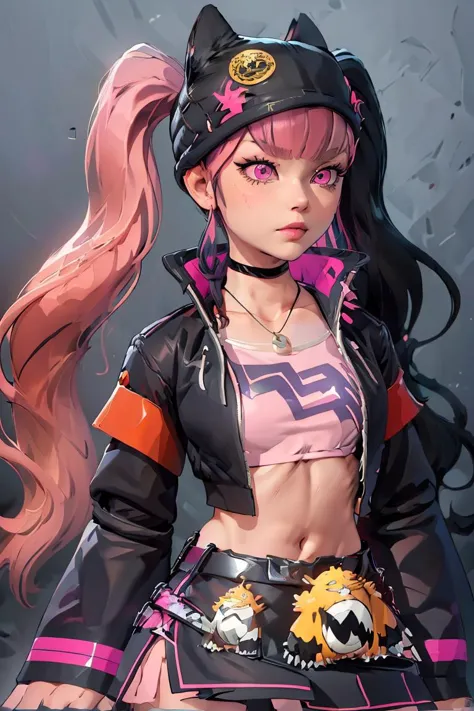 (masterpiece, best quality), 1girl,   <lora:Zoe_Rayne_Palworld:1> Zoe_Rayne, 1girl, solo, pink eyes,  multicolored hair, two-tone hair, split-color hair, twintails, long hair, black hat, animal ear headwear, black choker, black jacket, cropped jacket, choker, belt, miniskirt, black skirt, necklace, pendant,  midriff, crop top