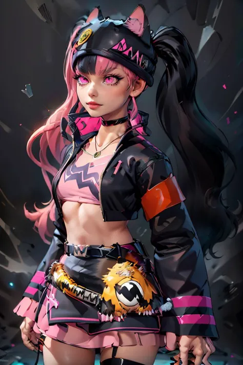 (masterpiece, best quality), 1girl,   <lora:Zoe_Rayne_Palworld:1> Zoe_Rayne, 1girl, solo, pink eyes,  multicolored hair, two-tone hair, split-color hair, twintails, long hair, black hat, animal ear headwear, black choker, black jacket, cropped jacket, choker, belt, miniskirt, black skirt, necklace, pendant,  midriff, crop top