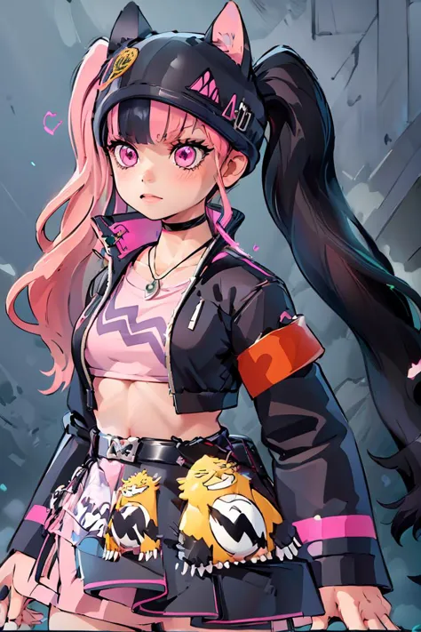 (masterpiece, best quality), 1girl,   <lora:Zoe_Rayne_Palworld:1> Zoe_Rayne, 1girl, solo, pink eyes,  multicolored hair, two-tone hair, split-color hair, twintails, long hair, black hat, animal ear headwear, black choker, black jacket, cropped jacket, choker, belt, miniskirt, black skirt, necklace, pendant,  midriff, crop top