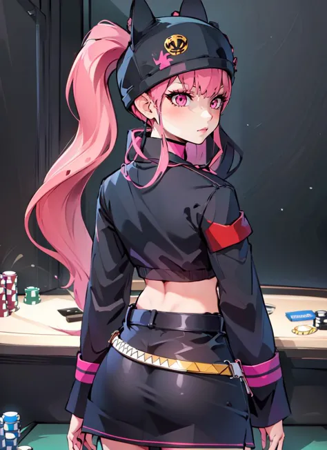 ((best quality)), ((highly detailed)), , (1girl), solo, back view, from behind, dynamic pose, upper body, Zoe_Rayne, long hair, multicolored hair, two-tone hair, split-color hair, twintails, pink eyes, black hat, animal ear headwear, black choker, necklace, pendant, midriff, crop top, black jacket, cropped jacket, belt, black skirt, miniskirt, (indoors, at a casino)