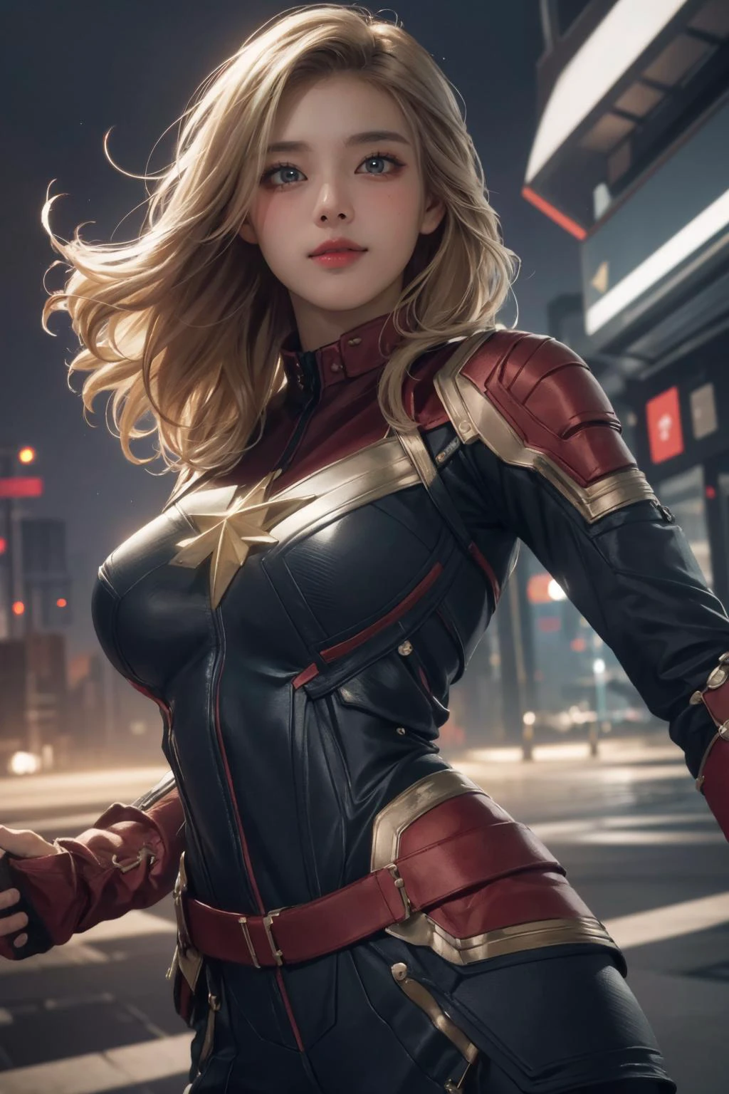 realistic, photorealistic, best quality, masterpiece, ultra high res, finely detailed, quality, realistic lighting, detailed skin, intricate details, raw photo, absurdres, highres, ultra detailed, BREAK, 1girl, solo, looking at viewer, 18 years old, hand of Guido Daniele, (cptmarvel, bodysuit, red gloves, belt, blonde hair, cityscape with a beautiful night view, leaning forward, large breasts, toned, smile, hand up, fist, solo focus, blush), (beautifu and aesthetic face, detailed face, clean facial features, an extremely delicate and beautiful, beautiful detailed eyes, stars in the eyes, Pink lips, Glowing Eyes, perfect face, detailed pupils, Makeup:1.1), (nice hands, sexy, slim, large breasts, skinny, narrow waist, human anatomy:1.1), (detailed light, beautiful detailed glow, detailed background:1.1), (reflection, refraction, Rembrandt lighting, diffuse lighting, radiosity, photon mapping, subsurface scattering, dynamic lighting, Multi-exposure HDR capture, Screen Space Global Illumination, Ray Tracing, Lumen Reflections, Tone Mapping, volumetric lighting, Circular polarizer, broad lighting, dramatic lighting:1.1), BREAK, explosive light and shadow, sharp focus, film grain, rim lighting, two tone lighting, rim light, Overdetailed art, official art, beautiful and aesthetic, beautiful, elegant, vivid colours, warm tone, soft light, delicate, Ultrarealistic, Detailed illustration, extremely detailed CG Unity 8k wallpaper, PBR Texturing, huge filesize, 8k uhd, octane render, unreal engine 5, BREAK, 