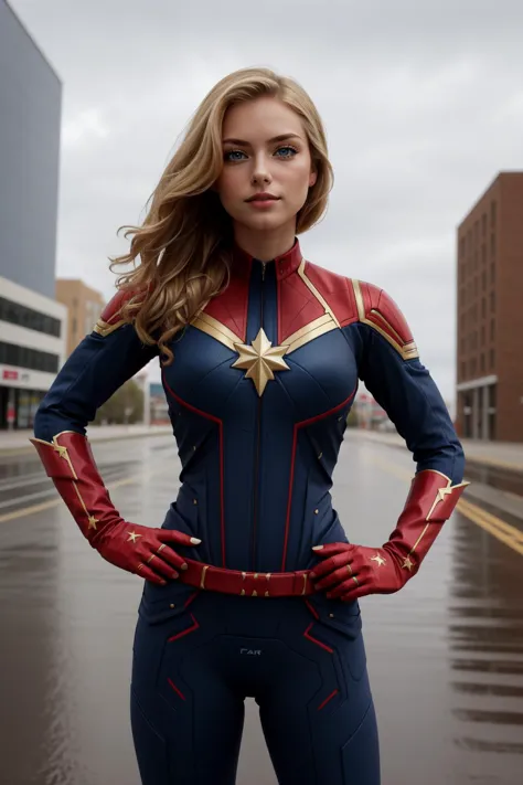 (masterpiece, best quality),  intricate details,
1girl,    cptMarvel, bodysuit, red gloves, belt, blonde hair, blue eyes, 
city, rain, wet, hands on hips, proud,