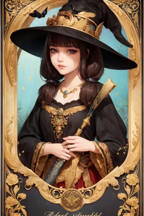 ((best quality)), ((masterpiece)), (detailed), full body, colorful butterfly,girl,full body,witch hat,(detailed face:1.2), Tarot border,The portrait is centered,(no weapon),, medium hair, black hair, twintails, blunt bangs, brown eyes,