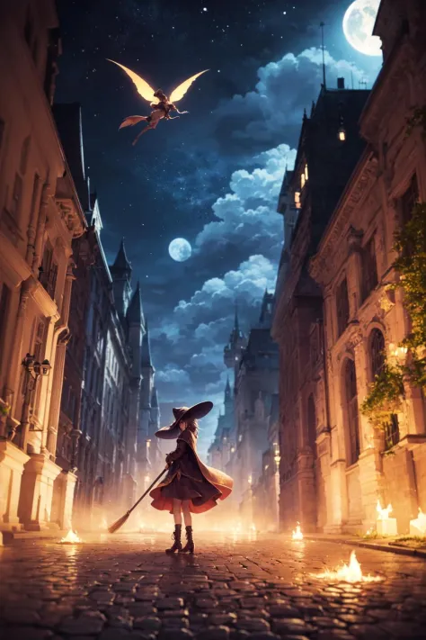 masterpiece, best quality, ultra-detailed, illustration, 1girl, solo, fantasy, flying, broom, night sky, outdoors, magic, spells...