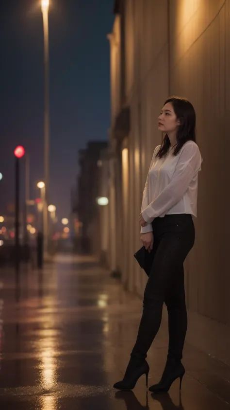 a woman standing on a sidewalk in a city at night