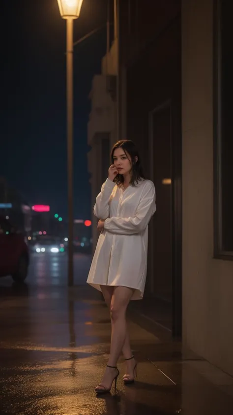 a woman in a white dress standing on a sidewalk next to a street light