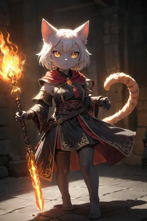 high resolution, best quality, 4k, ((photo)),A cute cat mage,glowing fire sword,staff,dramatic lighting,dynamic pose,dynamic cam...