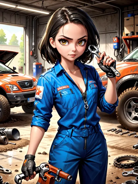 A woman in a mechanic outfit in a dirty garage, modern cartoon, realistic, dirt on face, wrench in hand, zipper open, sharp, bes...