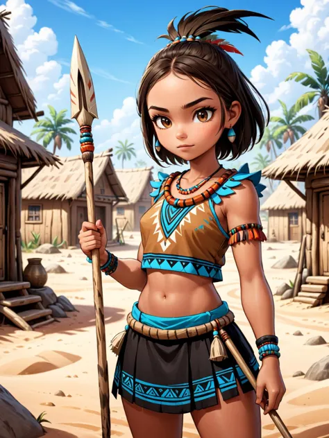 A girl in a sandy village, modern cartoon, realistic, tribal outfit, holding spear, sharp, best quality, 4k, ultra detailed, bes...