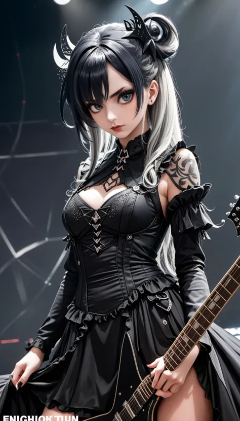 swedish metal rock girl holding a guitar, intense stare into camera, with gothic make-up, intricate details, highly detailed eye...
