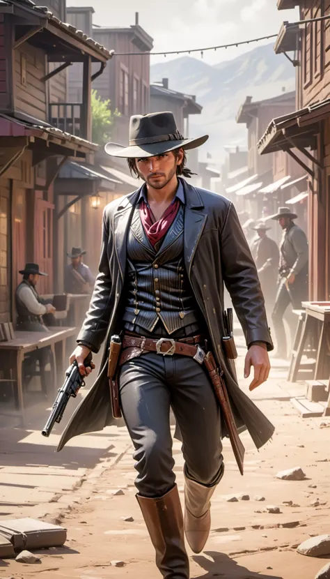 Intricate dynamic action shot of cowboy in a shootout, cinematic Steve Henderson Fabian Perez Henry Asencio Jeremy Mann Marc Sim...