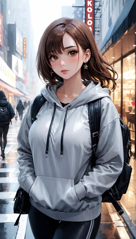 anime girl in a gray hoodie walking down a city street