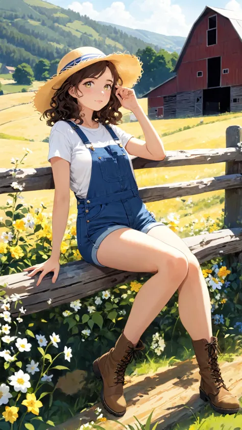(quaint countryside setting, summer day), young adult female, rustic casual summer fashion, (sitting on a wooden fence), thought...