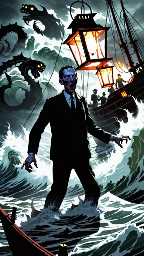 (HP Lovecraft Monster attacks trawling boat), fierce storm raging, chaotic waves crashing, dim lantern light flickering, creatin...