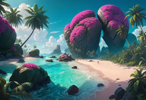 (masterpiece, best quality, absurdres:1.2), realistic, intricate details, cinematic lighting, (Otherworldly:1.1), palm trees, beach, Ominous boulders, tropical paradise, landscape, album art, (Creepy:1.1), High Quality PDXL