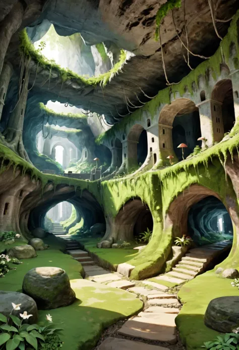 A lush depiction of an underground city built inside natural caves, with roots hanging from the ceiling and moss-covered stones,...
