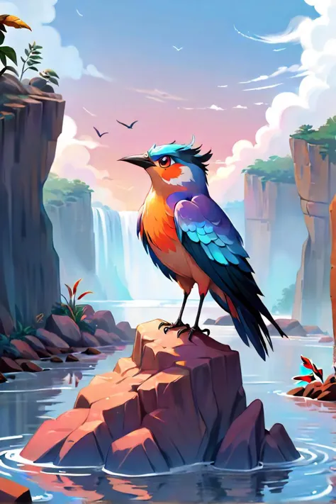 in this digital illustration, a vibrant and colorful bird stands on a jagged rock that juts out from the water. the bird's feathers are a mix of blue, orange, and red hues, and its eyes sparkle with life. as it gazes towards the horizon, a pinkish hue permeates the sky, adding a touch of warmth to the scene. behind the bird, a cliff rises majestically, providing a dramatic backdrop to the tranquil setting. small plants dot the surface of the cliff, hinting at the delicate balance of life in this picturesque landscape. the overall atmosphere is one of love and serenity, as if nature itself has taken a moment to pause and admire the beauty surrounding it. the bird seems to be the focal point of this peaceful tableau, standing tall amidst the gentle ripples of the water below and the lofty heights of the cliff behind.