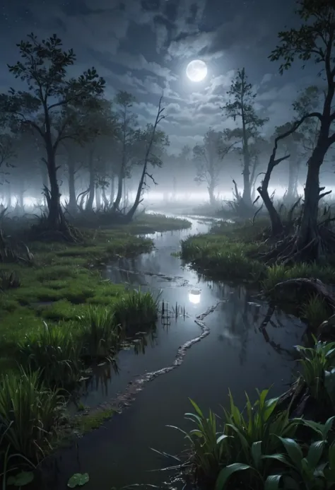 A swamp where the fog becomes solid at night, forming paths and then dissipating., high resolution, best quality, 4k 8k, photore...