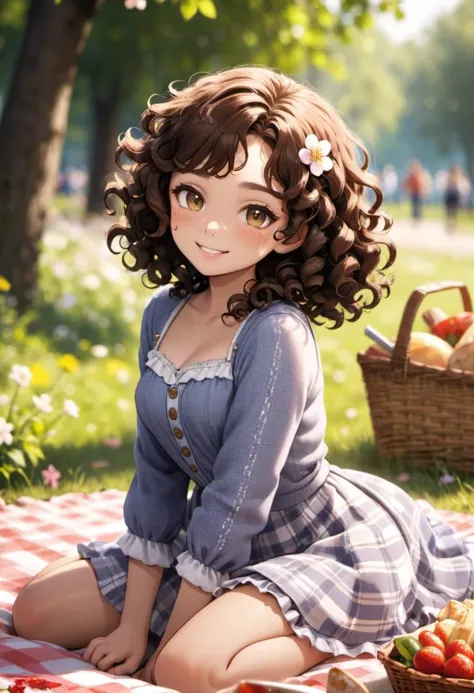 a girl in picnic,flower blossom,curly hair,look at viewer,smirk,soft lighting,bokeh, detailed background, dynamic angle, dynamic...