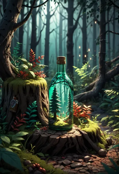 (An intricate forest minitown landscape trapped in a bottle),atmospheric oliva lighting,on the table,UHD,dark vibes,hyper detail...