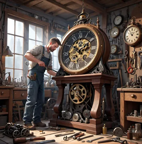 A man repairing an old clock in a workshop filled with tools., high resolution, best quality, 4k, detailed background, dynamic a...