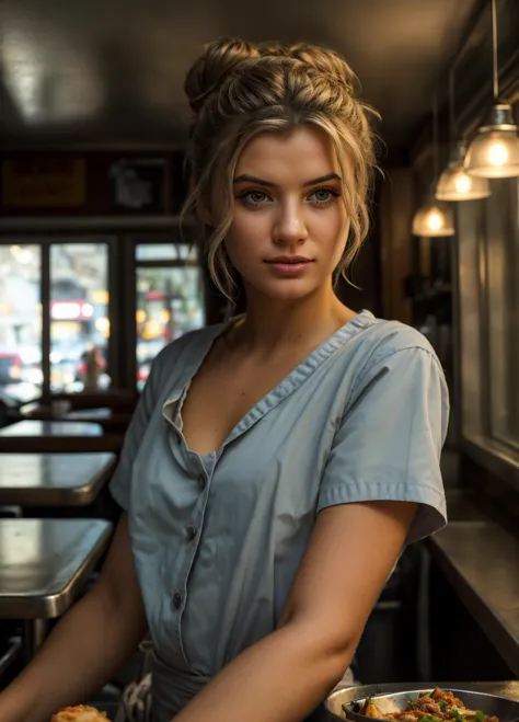 <lora:4lissaviolet:1> 4lissaviolet,, waitress serving food in a small diner, loose shirt, apron, beautiful expressive eyes, detailed eyes, hair in a messy bun, happy, dynamic lighting, photorealistic, 8k uhd natural lighting, raw, rich, intricate details, key visual, atmospheric lighting, 35mm photograph, bokeh, professional, 4k, highly detailed