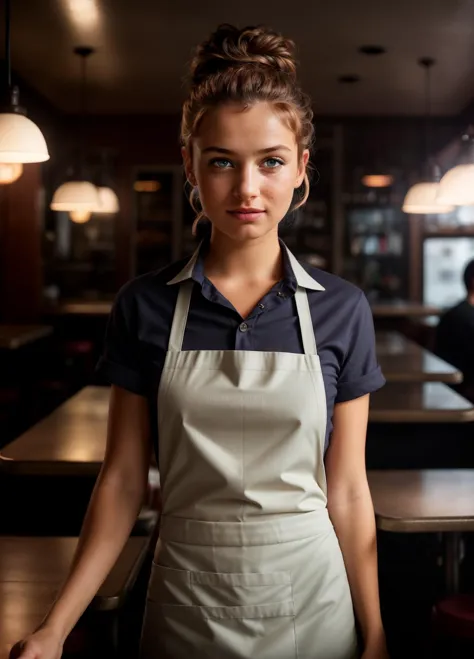 a woman in an apron standing in front of a bar