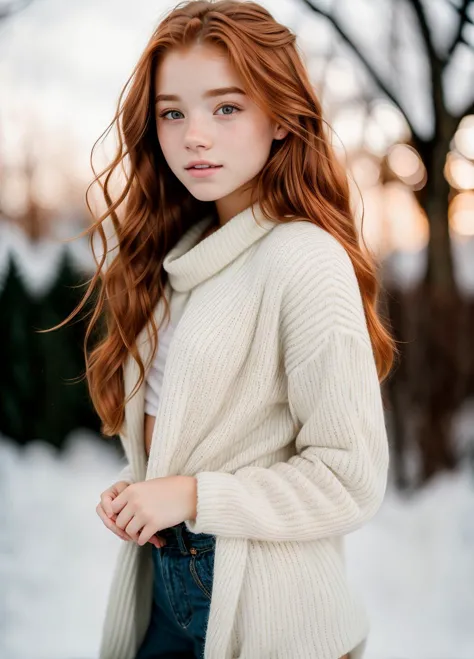 a woman with red hair and a white sweater posing in the snow