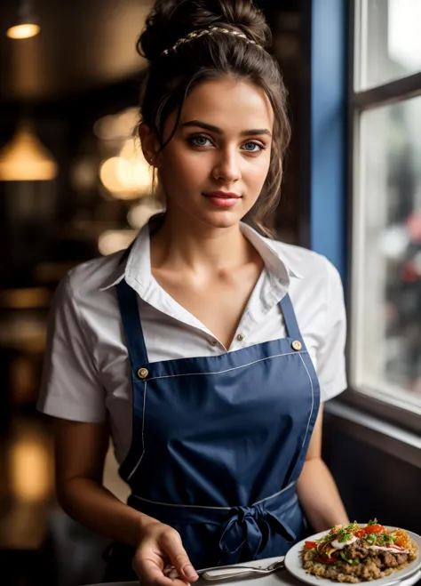 a woman in an apron holding a plate of food in front of a window