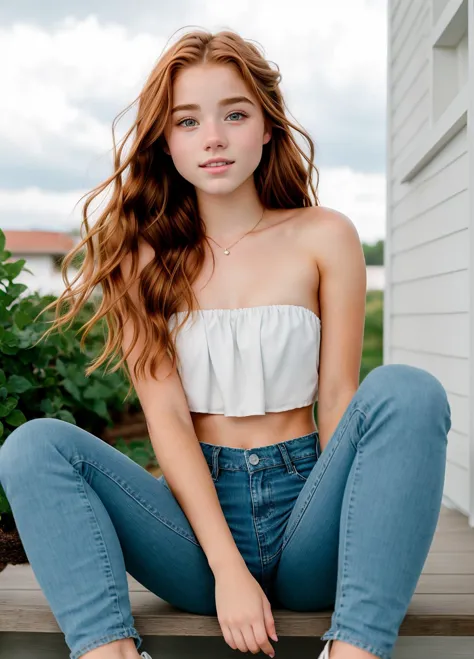 a young woman sitting on a porch with her legs crossed