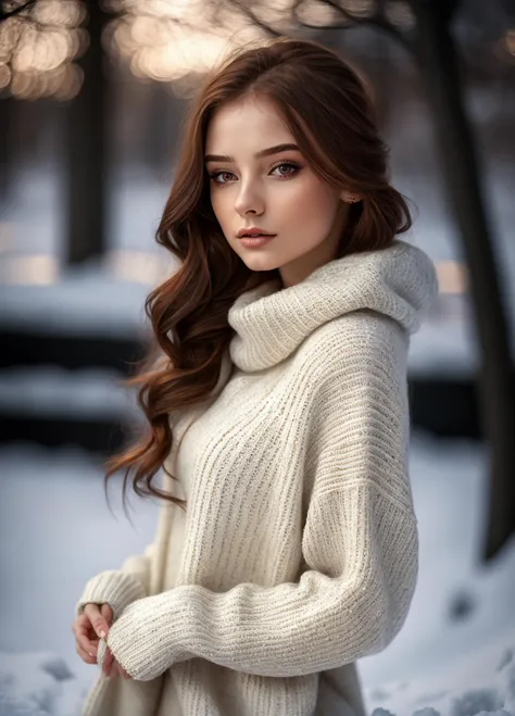 a woman in a white sweater and black pants standing in the snow