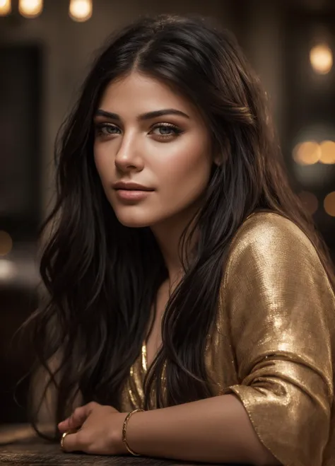 a woman with long black hair and gold shirt posing for a picture