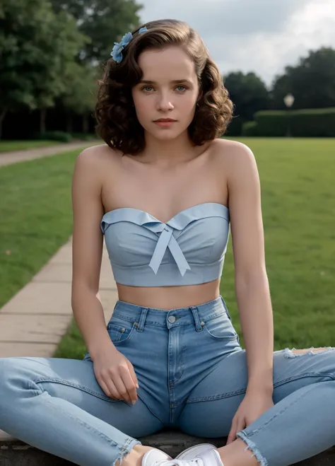 a woman sitting on a bench in a park wearing a blue top