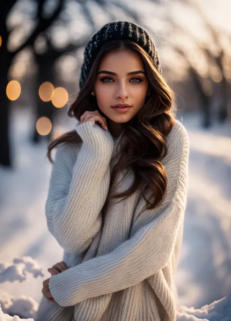 a woman in a hat and sweater posing in the snow